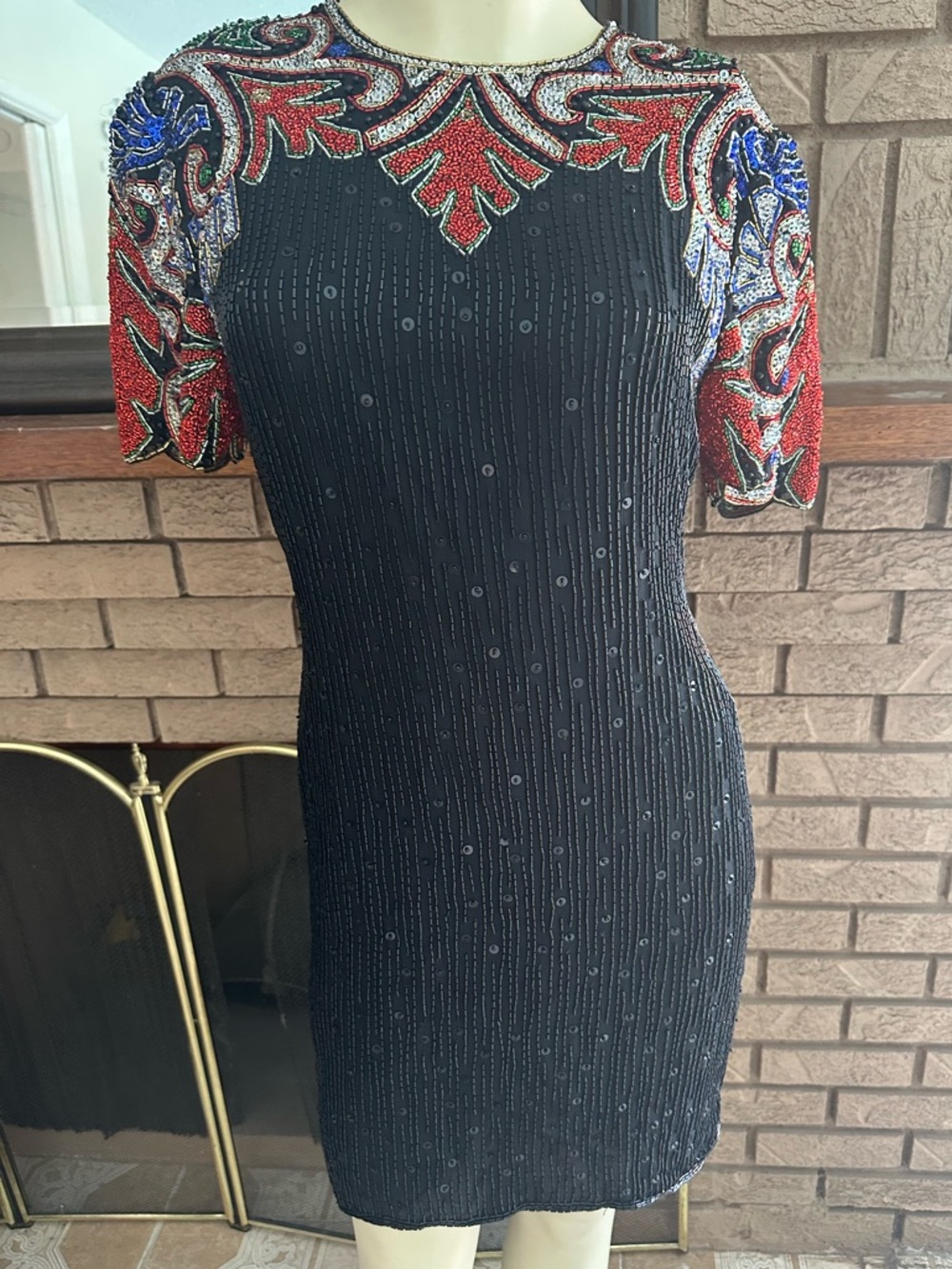 Scala vintage Black Mini Dress with Red and Blue Beaded Embellishment